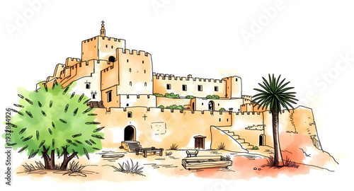 castle, vector, illustration, drawing, fortress, medieval, fantasy, fairytale, palace, tower, walls, gates, stone, architecture, historic, royal, kingdom, stronghold, defense, bastion, citadel, moat, 