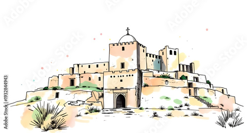 castle, vector, illustration, drawing, fortress, medieval, fantasy, fairytale, palace, tower, walls, gates, stone, architecture, historic, royal, kingdom, stronghold, defense, bastion, citadel, moat, 