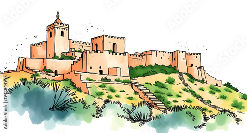 castle, fortress, palace, vector, illustration, drawing, medieval, fantasy, fairytale, tower, walls, gates, stone, architecture, historic, royal, kingdom, stronghold, defense, citadel, moat, landmark,