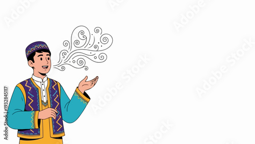 Man speaking, with open hand gesture, wearing traditional ethnic attire and a cap. Man speaking expresses cultural storytelling, sharing ideas, or narrating. Concept man speaking for communication,