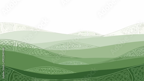Stylized Celtic landscape featuring rolling green hills with intricate ornamental knotwork patterns. Abstract Celtic landscape art presents gentle gradient slopes and decorative motifs.