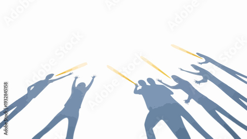 Dynamic people silhouettes engage in energetic challenge, holding glowing staffs reaching towards bright light. Energetic people silhouettes demonstrate teamwork and confrontation,
