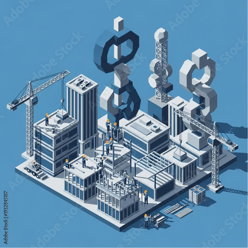 3D isometric illustration of industrial construction site with currency symbols.