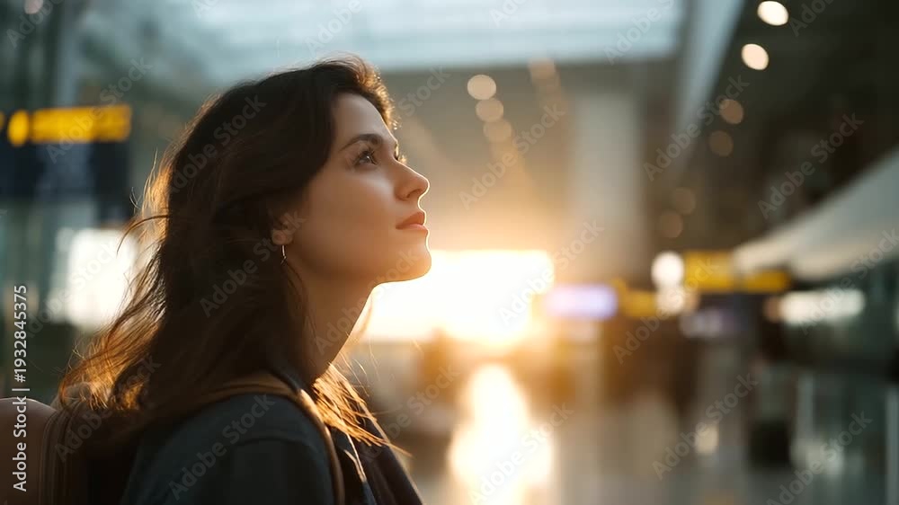 Faceless beautiful young woman at airport terminal environment presence ...
