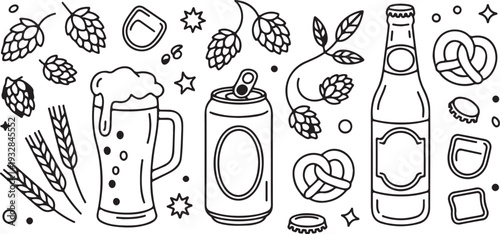 Hand Drawn Beer Line Art Set Brewery Mugs, Bottles and Bar Snacks Outline Collection