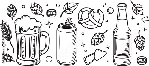 Hand Drawn Beer Line Art Set Brewery Mugs, Bottles and Bar Snacks Outline Collection