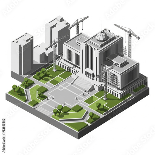 Isometric illustration of a modern cityscape with government buildings and construction cranes.