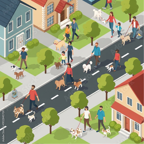 People walking dogs in a suburban neighborhood street.