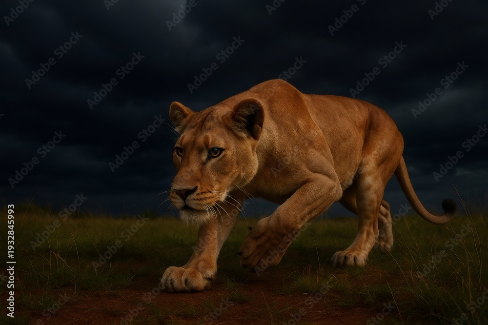 Obraz premium Lioness moving low through dry grass and dirt, hunting at night under a dramatic dark cloudscape. Power and stealth