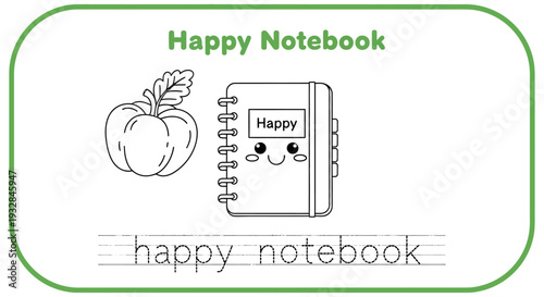 Happy Notebook and Apple Coloring Page for Kids Learning Tracing Letters