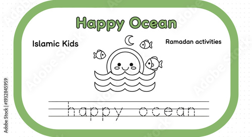 Happy Ocean Islamic Kids Ramadan Activity Coloring Page with Cute Octopus