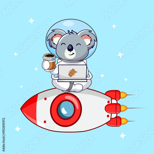 Cute Astronaut Koala Taking a Coffee Break While Working on Laptop on the Moon Vector Illustration Kawaii Design