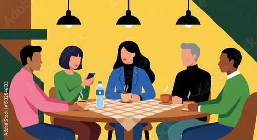 Flat illustration of diverse group of five people sitting around table in cozy cafe, drinking coffee or tea. Friends meeting, casual conversation in modern restaurant, cheerful atmosphere