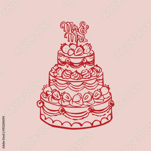 Hand drawn tiered cake with Mr and Mrs topper in elegant red line art style. Romantic wedding celebration dessert illustration for invitation design, anniversary card and bakery branding.