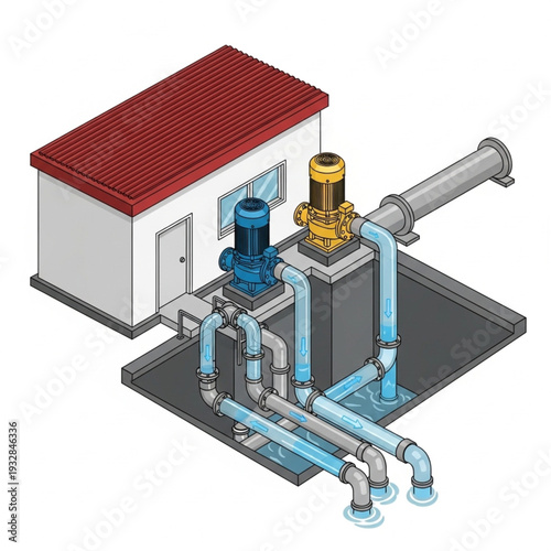 Industrial water treatment plant with pipes and machinery.