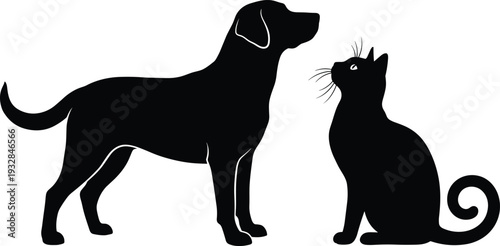 A minimalist black vector silhouette collection featuring a standing Labrador dog and a sitting domestic cat looking at each other isolated on white background.
