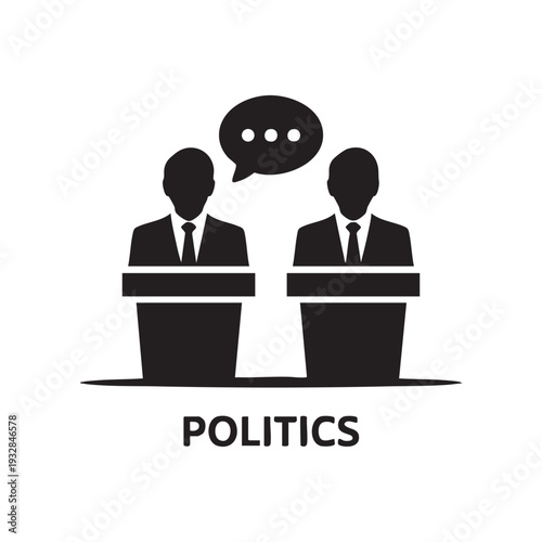 Two politicians debating at podiums with speech bubble, conveying discussion and political dialogue in a simple illustration style from a straightforward viewpoint