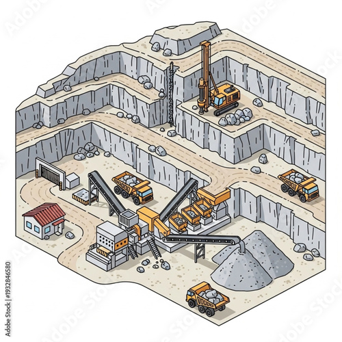 Isometric illustration of an open pit mine with heavy machinery and construction equipment.