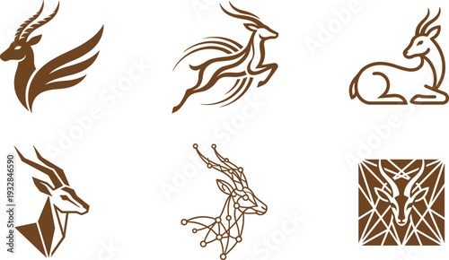 A collection of modern brown antelope and gazelle logo icons featuring minimalist line art, geometric shapes, jumping deer silhouettes, and abstract nature symbols isolated on white.