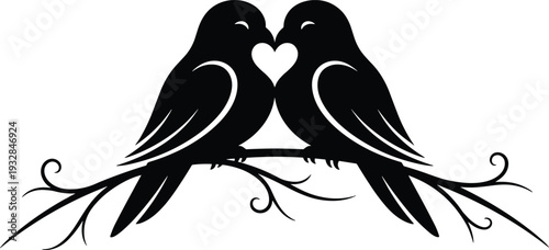Romantic two love birds silhouette sitting on a decorative tree branch with heart shape symbol for wedding anniversary valentine day card vector illustration background.