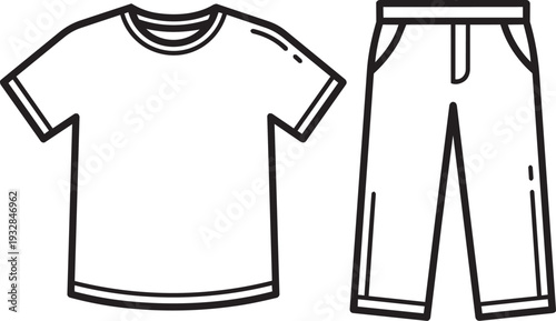 Simple line art illustration of a t-shirt and pants, representing basic casual clothing items for everyday wear or design templates.
