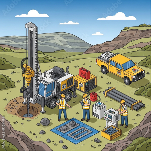 Geotechnical drilling operation in a mountainous terrain with workers and equipment.
