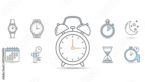 Alarm clock icon with various timepieces.