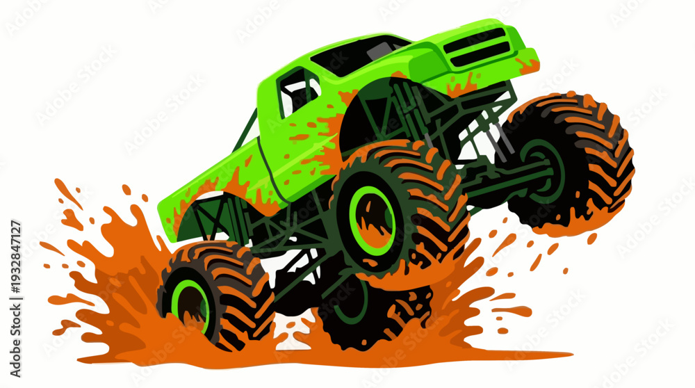 Fototapeta premium Vibrant green monster truck jumps over mud puddle vector illustration graphic for apparel design