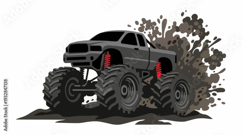 Powerful monster truck with large wheels splashing mud vector illustration, isolated on white for racing and graphic design.