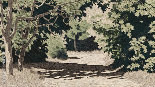 Wallpaper Mural Trees forest scene with winding path and dense foliage featuring green, nature, landscape with scenery and woodland elements for trail, branches Torontodigital.ca