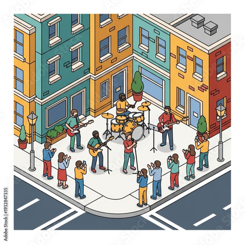 Vibrant Street Performance with Crowd and Colorful Buildings.