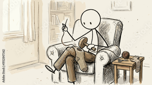 Sketchy hand-drawn stick figure character carefully darning a woolen sock with a wooden mushroom tool, traditional slow fashion concept.