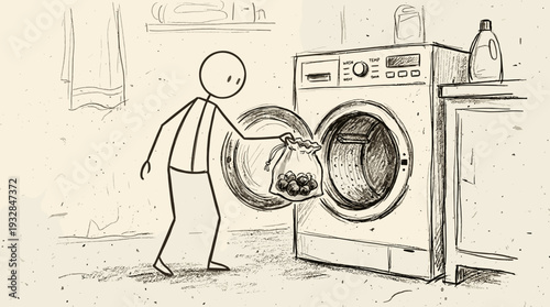 Sketchy hand-drawn stick figure character using natural soap nuts for laundry, chemical-free and biodegradable household cleaning concept.
