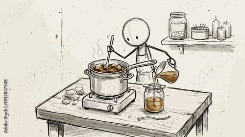 Stick figure character melting old wax scraps to make a new recycled candle  