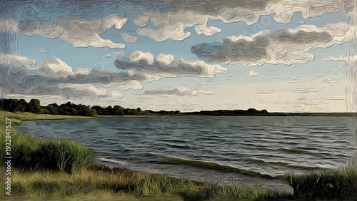 Wallpaper Mural Lake shoreline landscape with rippling water, grassy bank, and dramatic cloud-filled sky in painterly textured style Torontodigital.ca