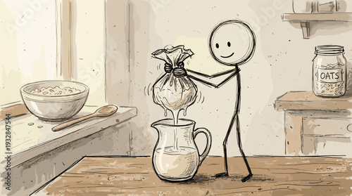 Sketchy hand-drawn stick figure character squeezing homemade oat milk through a cheesecloth, plant-based diet and zero waste cooking concept.