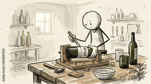 Sketchy hand-drawn stick figure character upcycling an empty wine bottle into a drinking glass, zero waste craft and DIY concept.