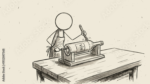 A stick figure transforming an empty wine bottle into a glass. The concept of circular living.  