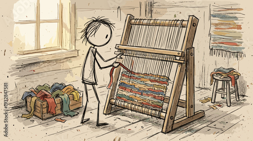 Sketchy hand-drawn stick figure character weaving a rag rug from old torn clothing, traditional textile upcycling concept.