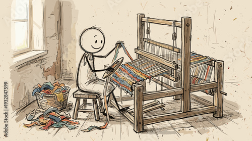 A hand-drawn sketch depicting a stick figure weaving a rug from old, torn clothes. Circular life. 