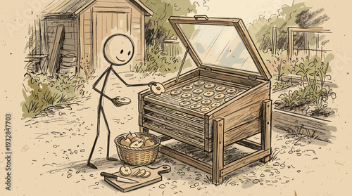Sketchy hand-drawn stick figure character using a wooden solar dehydrator for sliced apples, natural food preservation concept.