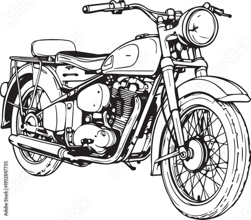 Vintage motorcycle line art illustration with spoked wheels round headlight fuel tank twin‑cylinder engine detailed mechanical design
