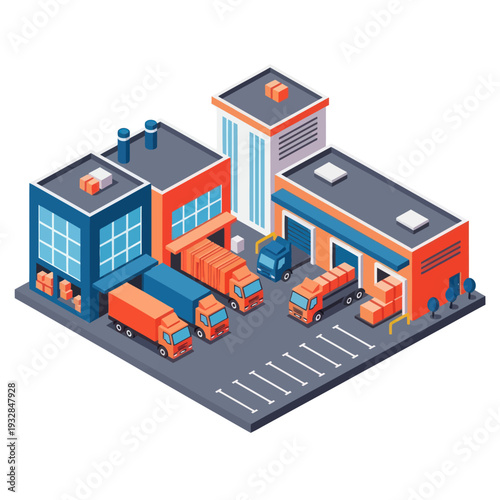 Isometric Factory Building with Trucks and Containers.