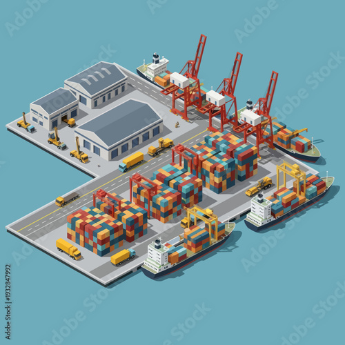 3D Isometric Container Shipping Port Terminal.