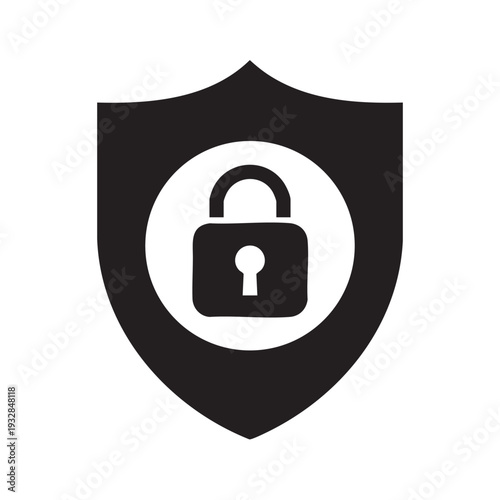 A black shield icon with a white circle containing a padlock symbolizing security and protection in a digital context from a straightforward viewpoint