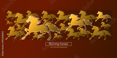 Running horses. Silhouettes. Vector background. Year of the Horse. Horizontal poster 