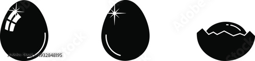 Black vector silhouettes of organic eggs and a cracked egg with yolk, minimalist flat icon set isolated on white background for kitchen branding and cooking designs.