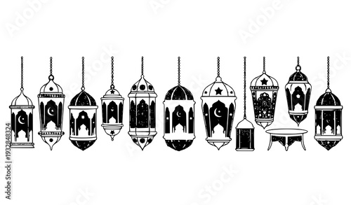 Elegant Ramadan Lantern Silhouettes in Flat White Style – Islamic Decoration Vector Collection