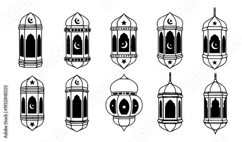 White Ramadan Lantern Silhouette Set – Flat Islamic Fanous Vector Collection Isolated on White Background