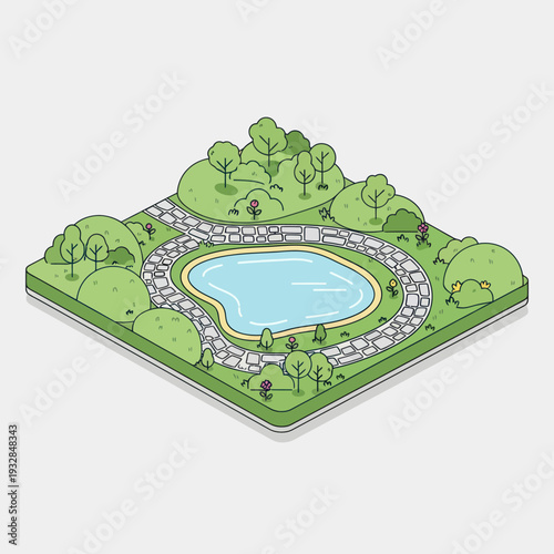 Isometric Illustration of a Serene Pond.